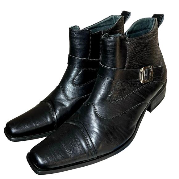 Delli Aldo Men’s Gustavo Leather Buckle Strap Ankle Boots Black Size 11 - Picture 1 of 8
